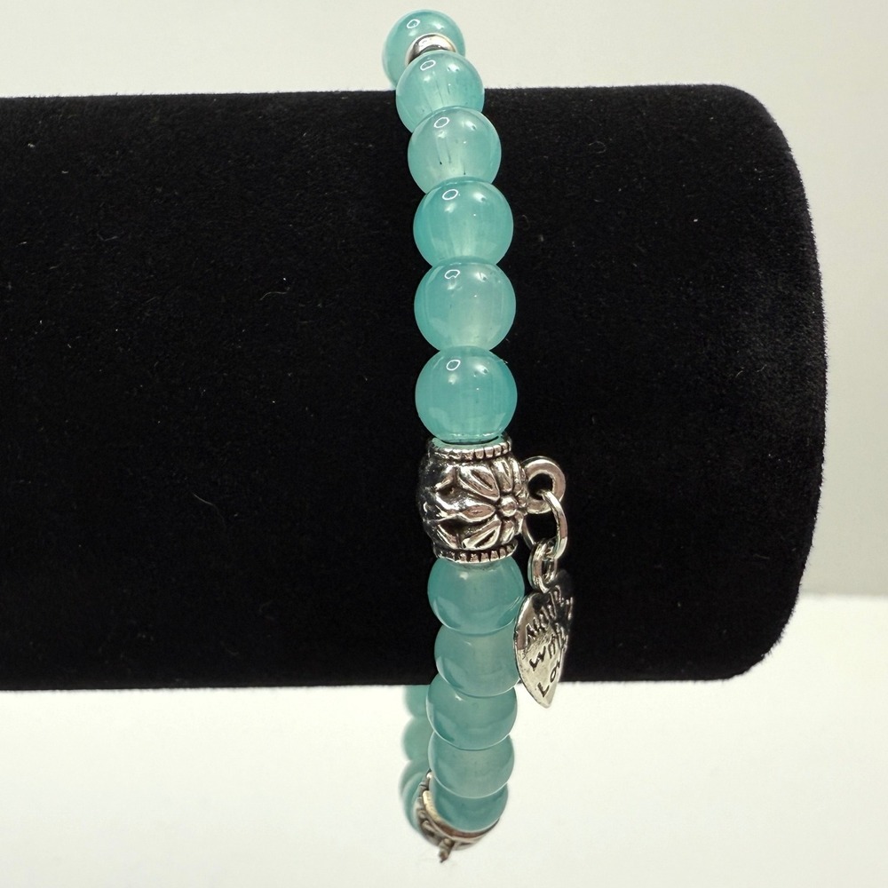 Glass Teal Beaded Charm Bracelet‎ Silver Tone Accents Stretchy Bead Jewelry